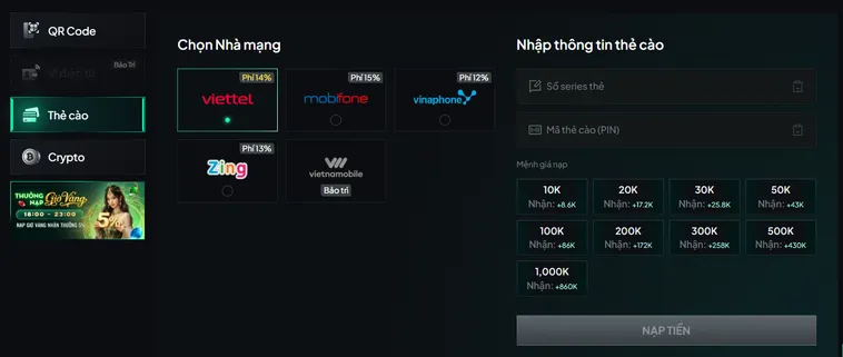 Hướng dẫn nạp tiền qua thẻ cào tại Gem88.